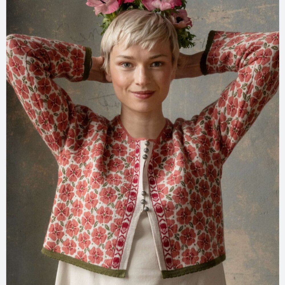 Gudrun Sjoden Cropped Anemone 100% Organic Wool Cardigan Small Pink Green